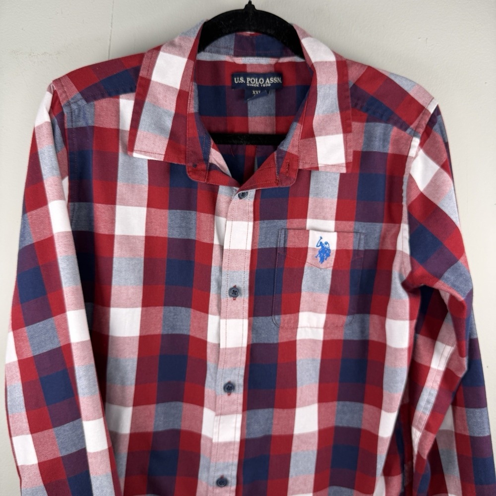Us Polo Asso Shirt Boys Size 18 Red Blue Plaid Flannel Classic Fit Pocket Preppy - Picture 3 of 11
